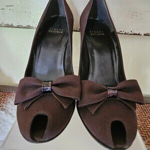 Stuart Weitzman -Women`s Brown Satin Bow PeepToe Wedge Heel Shoe Pump size 7.5
